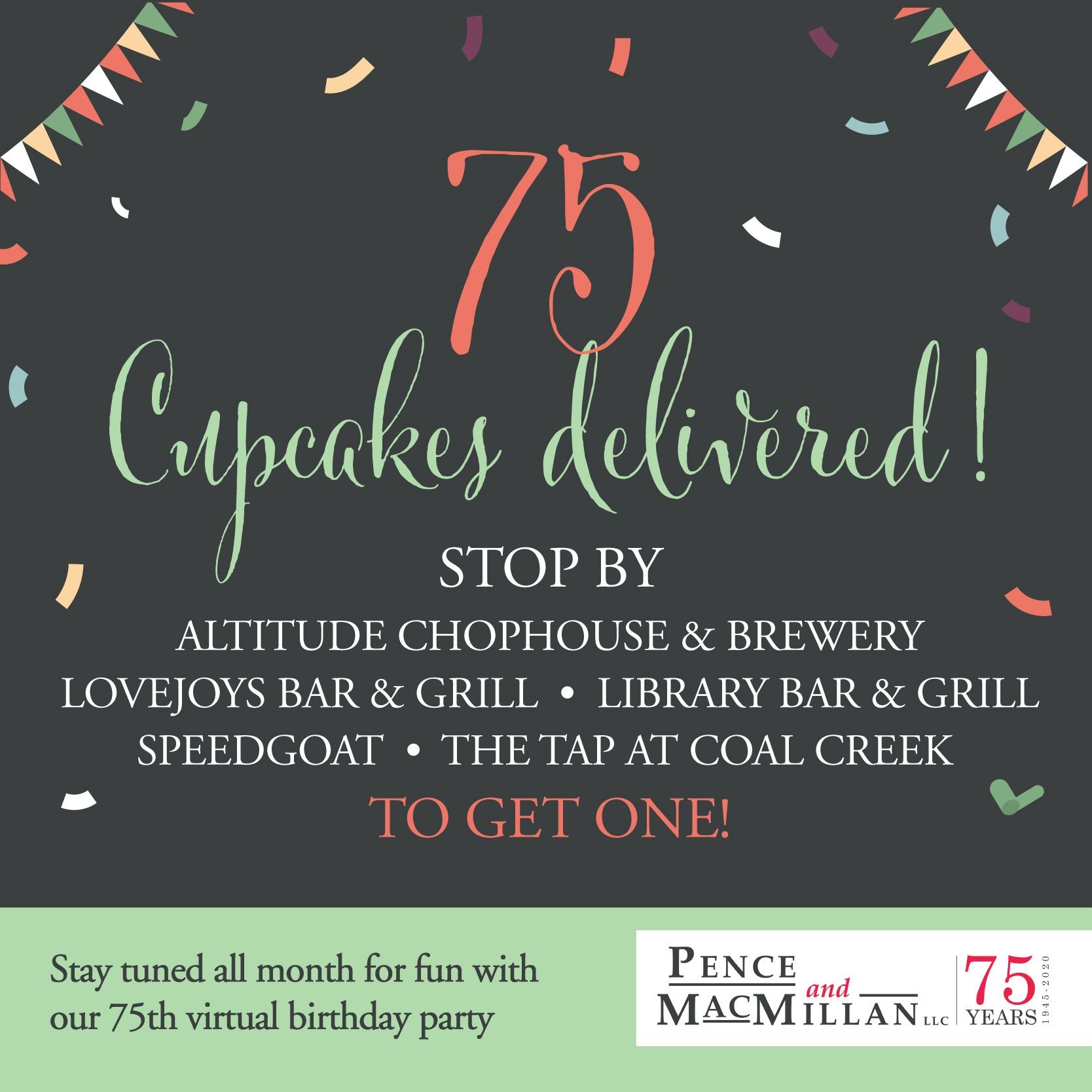 75 cupcakes delivered! Stop by Altitude Chophouse & Brewery, Lovejoys Bar & Grill, Library Bar & Grill, Speedgoat, The Tap at Coal Creek to get one! Stay tuned all month for fun with our 75th virtual birthday party.